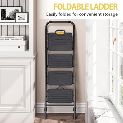 KINGRACK 4 Step Ladder, Sturdy Steel Step Stool with Anti-Slip Wide Pedals, Handrail, Safe-Lock Design, Pass 800lbs Load Testing, Folding Portable Ladder for Multi-Purpose, Home, Kitchen, Black 6