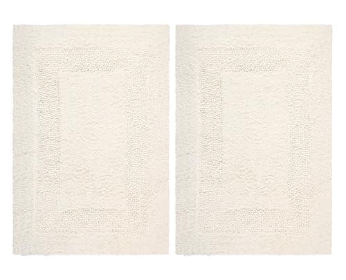 COTTON CRAFT Luxurious Bath Mat Rug - Set of 2 Reversible Heavyweight Step Out Bath Mats for Bathroom Floor, Tub and Shower - Pure Cotton Soft Plush Absorbent Tufted Racetrack Mat - 17 x 24 in - Ivory