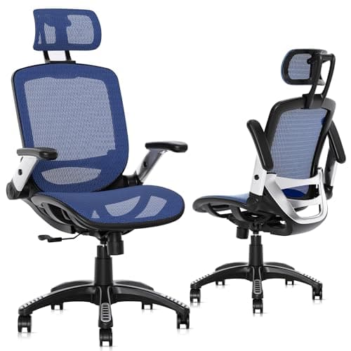 GABRYLLY Ergonomic Office Chair, High Back Mesh Desk Chair with Adjustable Headrest, Flip-Up Arms, 90-120° Tilt Lock, Lumbar Support and Comfy Seat, Swivel Computer Task Chair, Blue