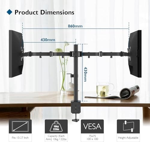 BONTEC Dual Monitor Desk Mount, Full Motion Adjustable Monitor Stand for 13–27 Inch Screens, Heavy Duty Arms Hold Up to 22 lbs Each, VESA 75x75/100x100 mm, C Clamp and Grommet Base, Cable Management 5