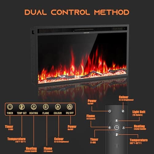 Weyderk 62" Electric Fireplace with Mantel, Fireplace TV Stand with 42" Insert for Livingroom/Bedroom, 12 Realistic 3D Flame Effects & 15 LED Colors, Remote Control, 750/1500W Heats, Timer, White 9