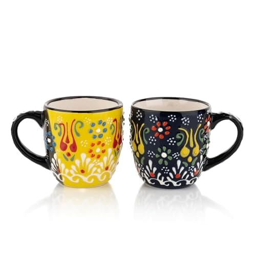 Espresso Cups Set of 2 | 4 oz Small Espresso Cups | Turkish Tea Cups | Demitasse Mugs with Handle | Modern Stackable Ceramic Espresso Mugs Set (Yellow/NavyBlue)