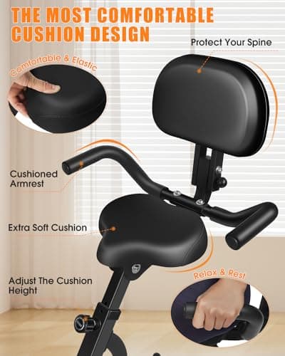 Folding Exercise Bike, 5-in-1 Foldable Stationary Bike Upgraded 16-level Magnetic Resistance 10DB Near-silent Bike Upright Indoor Exercise Bike for Home with Arm Resistance Band, Back Support Cushion 8
