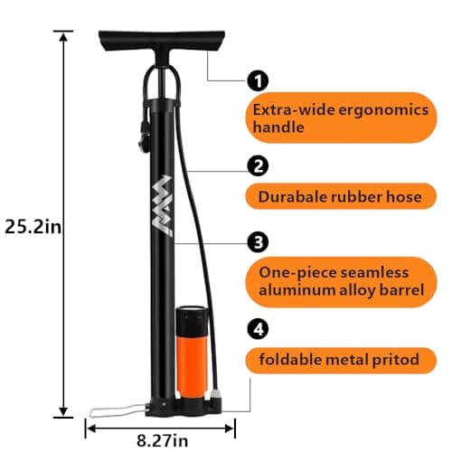 WWJ Bike Floor Pump with Gauge, Manual Hand Air Pump for Bicycle,Fits Schrader and Presta Valve Types, Portable Tire Pump Moutain Road Bikes, Car, Sport Ball High Pressure 160PSI 9