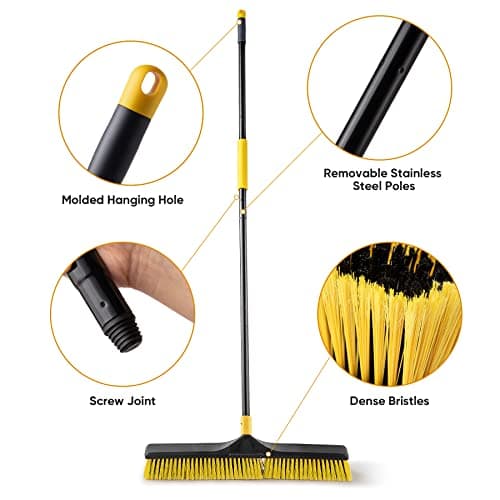 Yocada 24 inch Push Broom Brush 65.3 inch Long Handle Stiff Bristles Heavy-Duty Outdoor Commercial Broom for Cleaning Bathroom Kitchen Patio Garage Deck Concrete Wood Stone Tile Floor 8