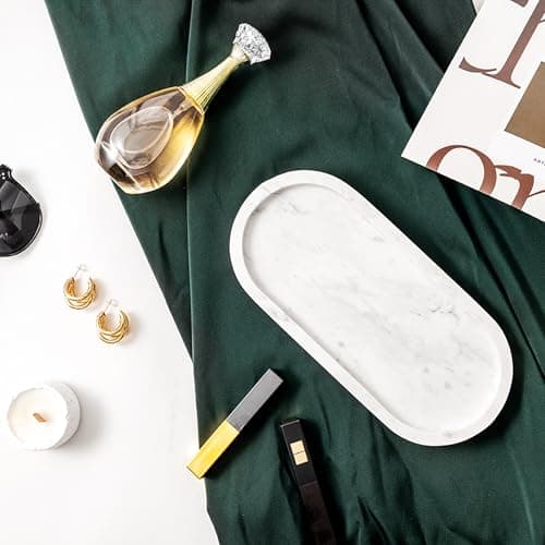 WORHE Natural Marble Vanity Tray Italy Oval Stone Trays for Candles Perfume, Decorative Jewelry Dish for Small Items, Countertop Storage Organizer for Home Bathroom Kitchen Matte Surface White (BH101) 6