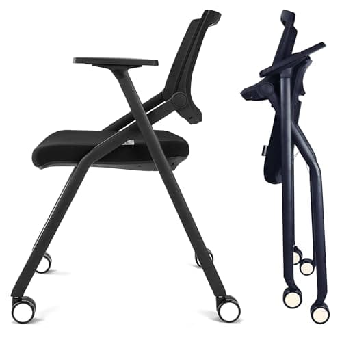 BROBRIYO Folding Chair with Wheels and Paddle, Ergonomic Mesh Back and Arms for Office, Meetings, Conferences, Receptions, Training Rooms & Folding Office Chairs - Black 2 Pack