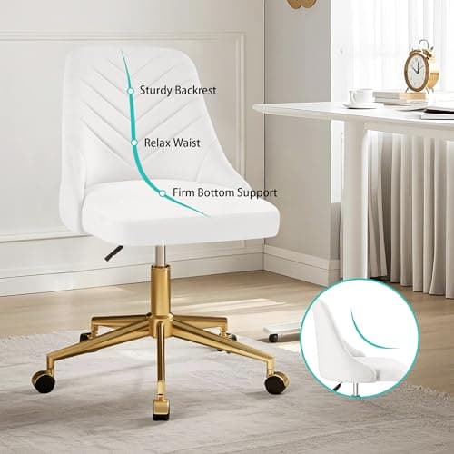 VECELO Velvet Vanity Desk Chair with Height-Adjustable for Office Living Room Bedroom Make Up Study, 360°Swivel, Wheeled Gold Base, White 4