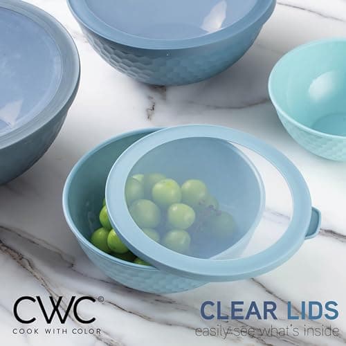 COOK WITH COLOR Mixing Bowls with Lids - 12 Piece Plastic Nesting Bowls Set includes 6 Prep Bowls and 6 Lids, Microwave Safe Mixing Bowl Set, Blue Embossed 6
