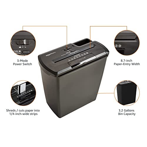 Amazon Basics 8-Sheet Strip Cut Paper, CD, and Credit Card Shredder, 3.2 Gallons Wastebasket, Black 6