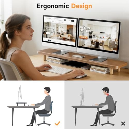 Dual Monitor Stand Riser, 39Inch Extra Long Wooden Desktop Monitor Riser with Storage for 2 Monitors Ultra Strong Desk Shelf Organizer Riser Ergonomic for 2 Screens/Laptop/PC/TV/Printer, Large, Walnut 8