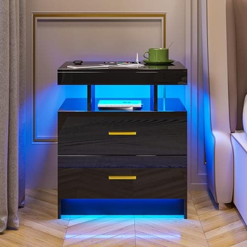 HNEBC Auto LED Nightstand with Wireless Charging Station & USB Ports,High Gloss Bedside Tables with 2 Drawers,Floating Nightstand with 3 Color & Adjustable Brightness for Bedroom,Black 7