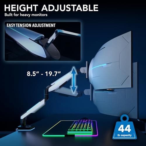 Mount-It! Heavy-Duty Ultrawide Monitor Arm up to 49”, 44 lb Capacity, Desk Mount for Curved & Widescreen Monitors, Compatible with Samsung Odyssey G9, Gas Spring, RGB Lighting, VESA 75x75 & 100x100 5