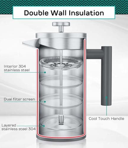 Coffee Gator 304 Grade Stainless Steel French Press Coffee Maker 34 oz, Double Wall Insulated Hot Cold Brew Teapot with 4-Level Filtration System, Include Travel Jar Canister, Rust-Free, Kitchen, Gray 2