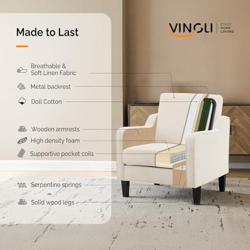 VINGLI Mid Century Modern Accent Chair, Beige Fabric Accent Chairs for Living Room Upholstered Armchair Sofa with Scooped Arms for Bedroom, Apartment, Studio, Office, Waiting Room 8