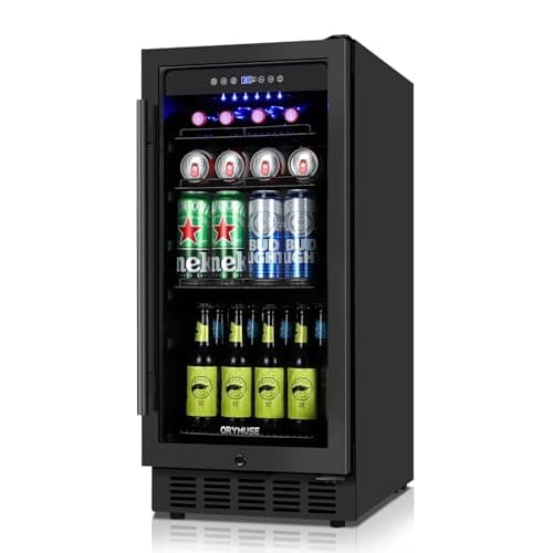 ORYMUS 15 Inch Beverage Refrigerator, 130 Cans Drink Fridge with Glass Door & Lock, Under Counter or Freestanding Beverage Cooler for Soda, Beer & Water, Upgraded Quiet Compressor, Memory Temp, Black