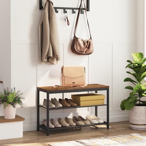 HOOBRO Shoe Bench, 3-Tier Shoe Rack, Industrial Shoe Organizer Storage Bench, 29.5 inches Entry Bench with Mesh Shelves, for Entryway, Living Room, Hallway, Easy Assembly, Rustic Brown BF75HX01 4