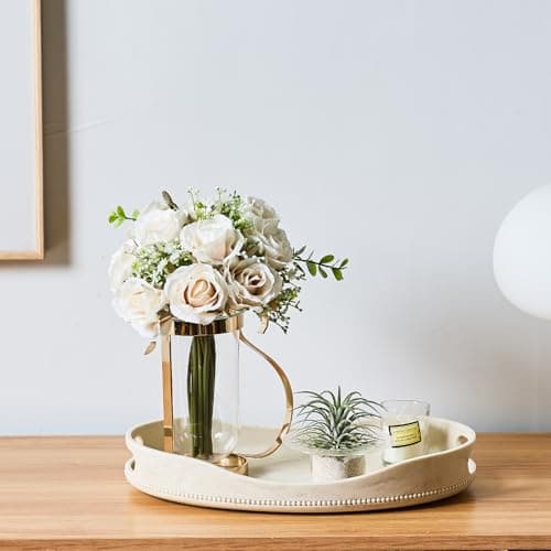 Beige Travertine Marble Serving Tray with Handles - 14x10 inches, Beaded Oval Decorative Tray, Countertop Ottoman Tray for Vanity, Living Room Entryway Table, Perfume Candle Display 7