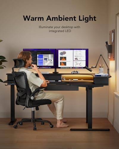 HUANUO 65″ L-Shaped Standing Desk with Power Outlets & LED Strip, Electric Height Adjustable Corner Computer Desk, Sit Stand Up Desk with 3 Drawers, Black 7