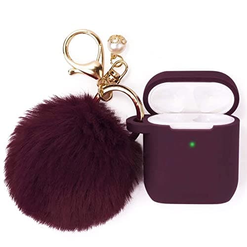 Filoto Compatible with Airpod 2&1 Case Cover, Cute Silicone Protective Accessories Cases/Keychain/Pompom, Best Gift for Girls and Women, Burgundy