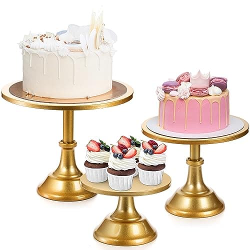 yarlung 3 Pack Gold Cake Stands, 8/10/12 Inch Metal Cupcake Display Stand Pillar Style Dessert Stand for Wedding, Party, Birthday, Celebration, 3 Sizes