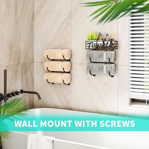 HapiRm Towel Racks for Bathroom Storage - 6 Tier Over The Door & Wall Mount Rolled Towel Storage Organizer Holder with Metal Shelf Basket for Small Bathroom, Camper, Rv - Black, Patented 5