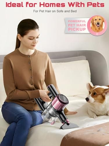 Cordless Vacuum Cleaner, 10 in 1 Stick Vacuum with Powerful Suction, Hose, Green LED Light, Anti-Tangle Brush, Lightweight Rechargeable Vacuum Cleaner for Home, Hardwood Floors, Carpets, Pet Hair,Pink 6