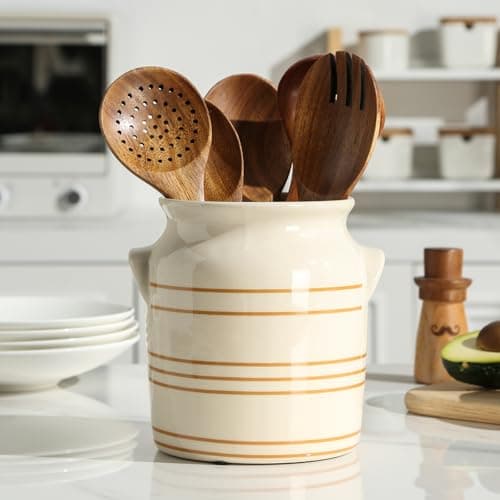 ATLZBLTCI Ceramic Farmhouse Kitchen Utensil Holder for Countertop, Rustic Cooking Utensil Holder Crock Fit for Kitchen Counter. 6*6.8*6.7 IN