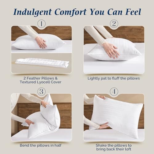 downluxe Goose Feather and Down Pillows - Hotel Collection Feather Pillows Set of 2 for Back, Stomach or Side Sleepers, Queen Size (20"x28") 6