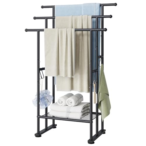 ELYKEN 3 Tier Standing Towel Rack, 40'' Tall Towel Drying Rack Outdoor, Freestanding Floor Towel Rack with Shelf, Pool Towel Blanket Stand, Metal Towel Racks for Bathroom freestanding, Matte Black