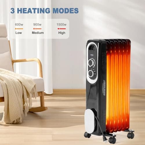 Dumos Oil Filled Radiator Heater with Adjustable Thermostat, 1500W Oil Space Heater for Indoor Use, Portable, 22inch Bright Black 9