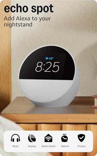 Amazon Echo Spot (newest model), Great for nightstands, offices and kitchens, Smart alarm clock, Designed for Alexa+, Glacier White 8