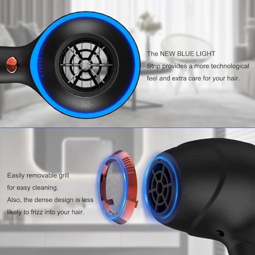Hair Dryer with Diffuser, Professional Ionic Hair Dryer with Blue Light AC Motor, 2000W Fast Drying Hair Blow Dryer (Black with 2*Nozzle) 9