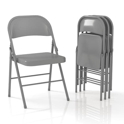 VOLIX Metal Folding Chairs Steel Frame with Double Hinged for Office Kitchen Dinning Wedding Patio and Garden,No Assembly, Set of 4, Grey