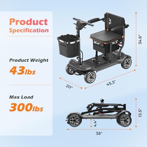 Lightweight Mobility Scooter for Adults & Seniors - Cruise & Airport Approved, 43lb Foldable Portable Motorized Scooters with Removable Lithium Battery for 12.4 Miles Travel, 300lb Capacity, Black 6