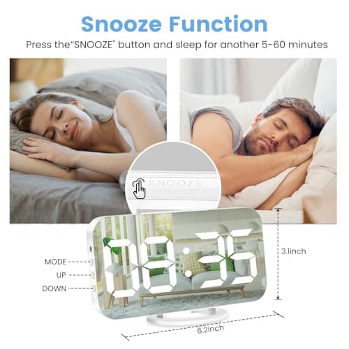 Muoigoe Digital Alarm Clock,Large Display LED And Mirror Desk Clock With Dual USB Charger Ports, 3 Levels Brightness,12/24H Alarm Clocks, Modern Electronic Clock for Bedroom Living Room Office - White 5