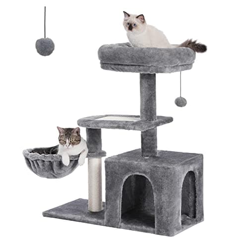 PETEPELA Cat Tree for Small Indoor Cats, Plush Cat Tower with Large Cat Condo, Deep Hammock and Sisal Scratching Post for Kittens Grey
