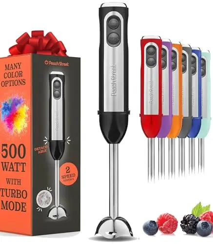 Powerful Immersion Blender, Electric Hand Blender 500 Watt with Turbo Mode, Detachable Base. Handheld Kitchen Gadget Blender Stick for Soup, Smoothie, Puree, Baby Food, 304 Stainless Steel Blades