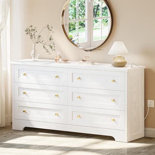 LIKIMIO 59" Dresser for Bedroom, 6 Drawer Dressers with Charging Station, White Dresser for 65" TV, Long Dresser for Closet, Bedroom, Hallway