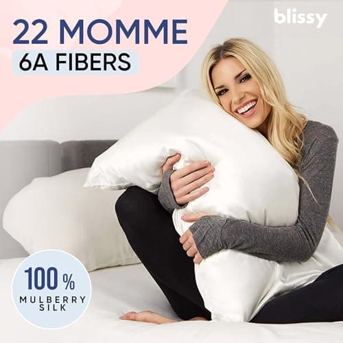 Blissy Silk Pillowcase - 100% Pure Mulberry Silk - 22 Momme 6A High-Grade Fibers - Silk Pillow Cover for Hair & Skin - Regular, Queen & King (Blissy White, Standard) 6