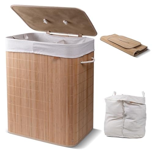 CleverMade Natural Bamboo Hamper LUXE, Double Hamper - 27 Gal (103L) Bamboo Laundry Hamper with Lid and Removable Machine Washable Laundry Bag - Holds 4 Loads and 50 Lbs.