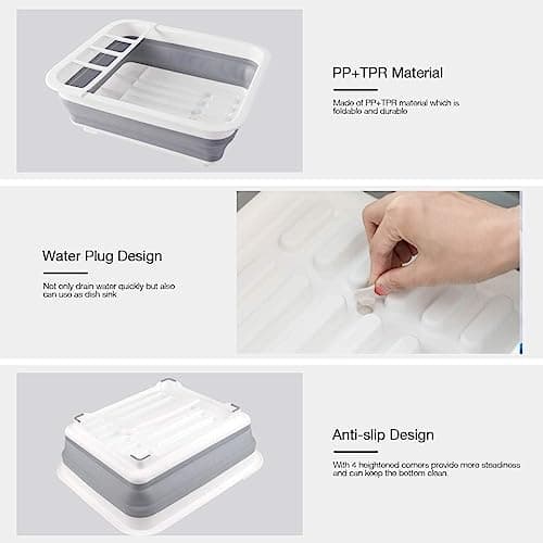 Otiyer Collapsible Dish Drying Rack with Storage Tray - Space Saving Foldable Drainer for Kitchen,RV,Camping | BPA-Free PP+TPR Material | Organizer for Utensils,Cups,Baby Bottles (14.4"x12.2",Gray) 7