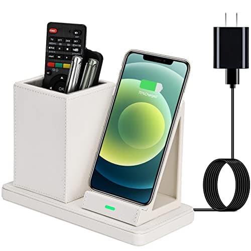 Wireless Charger with Desk Organizer, Wireless Charging Station for iPhone 14/14 Pro/13/12/11/Samsung Galaxy S23/S22/S21/S20/Note 20/Note 10, Charging Stand with Leather, White 7