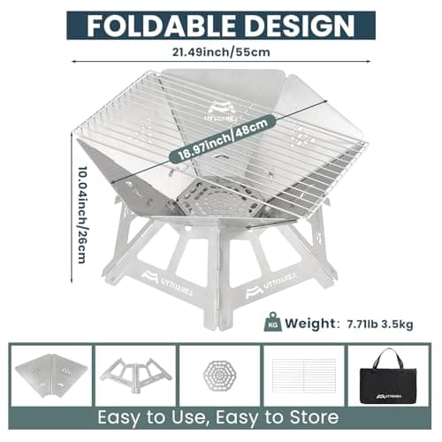 UTTOAREA 21" Portable Outdoor Fire Pit, Stainless Steel Portable & Collapsible Fire Pit with Charcoal Grill Net & Storage Bag,Wood-Burning for Patio, Backyard BBQ, Camping & Beach Bonfires 7