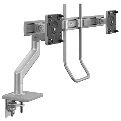 Humanscale M8.1 Adjustable Dual Monitor Arm with Crossbar and Handle Two-Piece Clamp Mount Base Silver with Gray Trim - M81CMSBHG