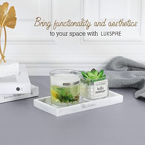 Luxspire Bathroom Vanity Tray, 8 x 4 inch Resin Kitchen Sink Tray for Soap Dispenser Bathroom Countertop Organizer Plate Holder for Perfume Soap Towel Bathroom Accessories, Mini, White Marble 7