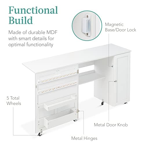 Best Choice Products Large Folding Sewing Table, Multipurpose Portable Craft Station & Side Desk w/Compact Design, Caster Wheels, Storage Shelves, 2 Storage Trays, Magnetic Doors - White 7
