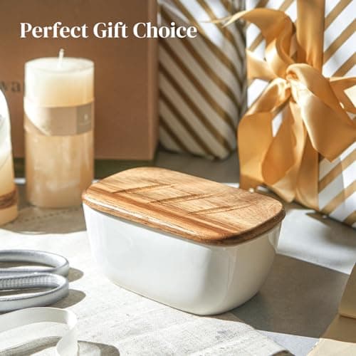 DOWAN 6.5" Large Butter Dish - Ceramic Butter Dish with Lid for Countertop - White Butter Keeper Holds Up to 3 Sticks - Butter Holder and Container with High-Quality Silicone Sealing 8