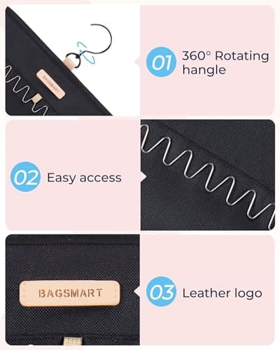 BAGSMART Hanging Necklaces Organizer Jewelry Holder Storage Roll with Hanger Metal Hooks Double-Sided Jewelry Organizer for Necklaces, Bracelets on Closet, Wall, Door, 1 piece, Large Black 7