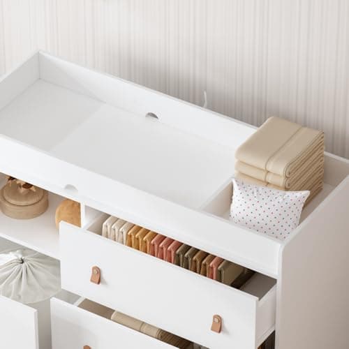 ROMSHINE Baby Dresser with Changing Table Top, 4 Drawers Nursery Dresser with Removable Guard, Infant Diaper Changing Station Baby Cloth Organizer for Nursery and Kids Bedroom, White - 44.9" W 5
